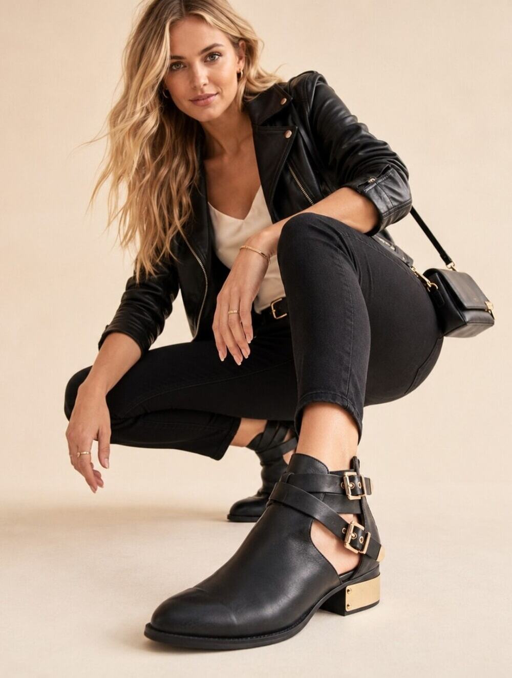 Jeffrey Campbell Everly Black Leather Gold Hardware Cutout Booties 7.5 S4254
